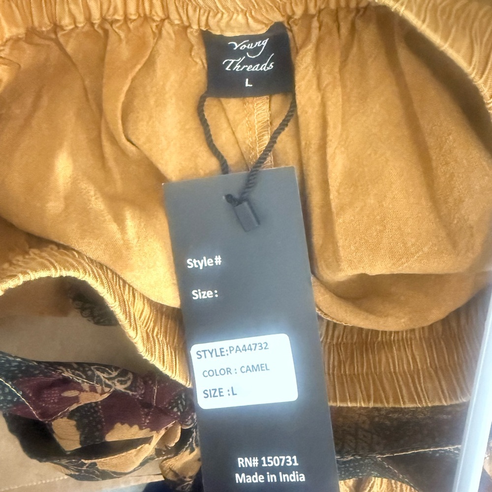 Young Threads Rustic Bohemian Side Paneled Patchwork Wide Leg Pants In Camel L - Picture 9 of 9